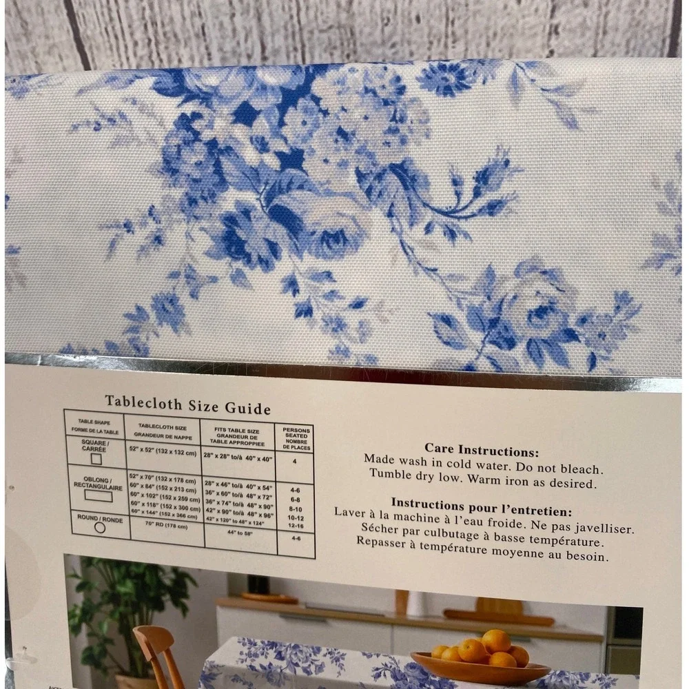 Badgley Mischka Tablecloth 60x102 Blue White Floral Toile Spill Proof Oblong